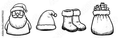 christmas icons featuring santa, hat, boots, and bag - black vector collection