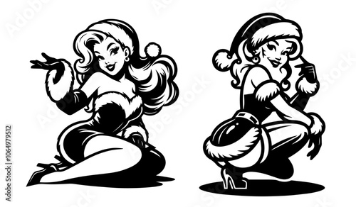 Vintage festive Santa and Mrs. Claus illustrations – black vector collection