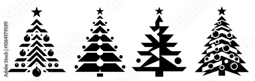 stylish set of Christmas tree icons in black vector, showcasing geometric and minimalist holiday styles black vector