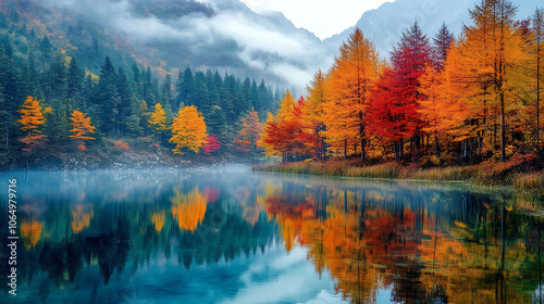 A picturesque lake reflecting the colorful autumn trees along its shoreline, with a misty morning glow adding an ethereal feel to the landscape 