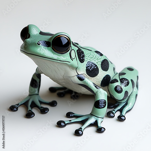 simple green frog with black spots, full body view, side profile. This comic style illustration captures frog unique features and vibrant colors, evoking playful and whimsical feel photo