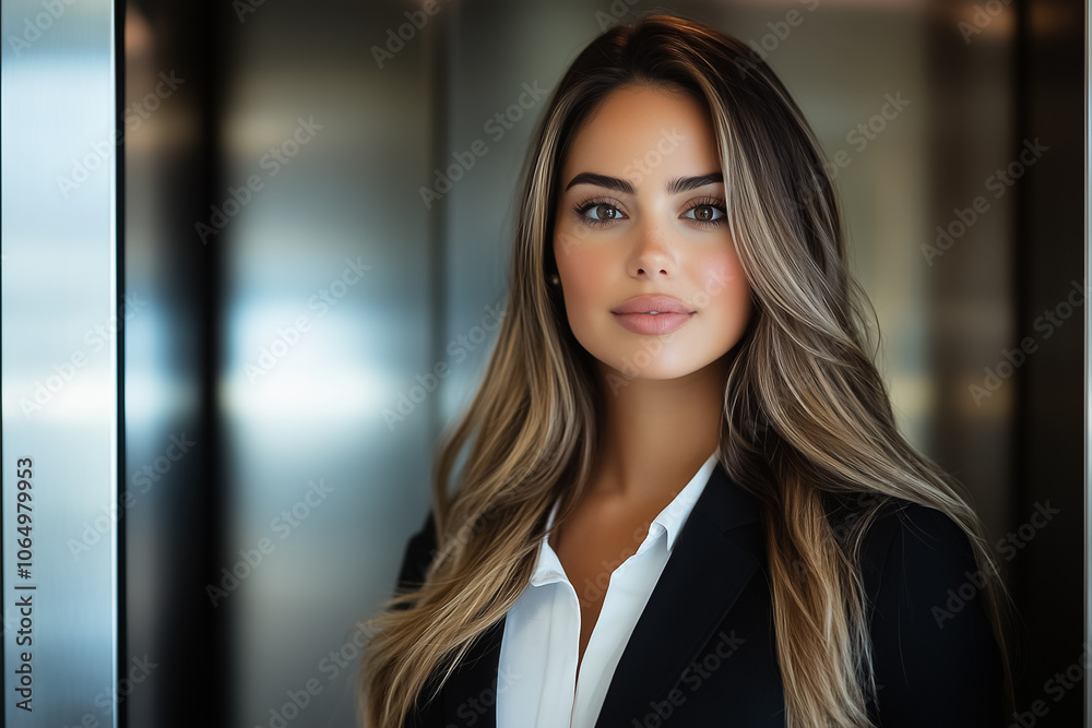 Fototapeta premium A young woman stands in an elevator, exuding confidence in her business attire and highlighting her natural beauty