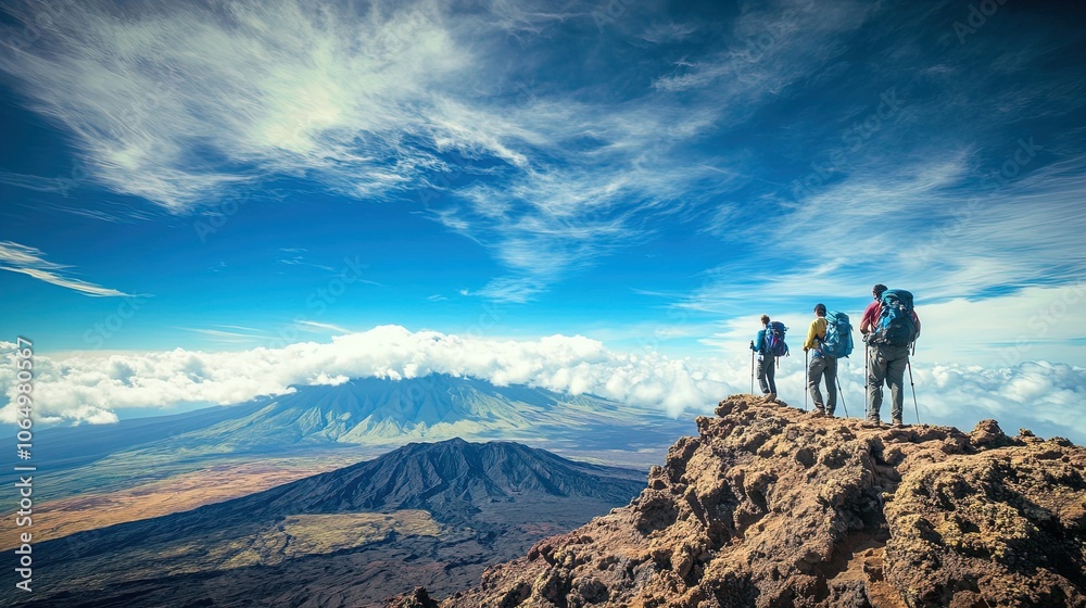 Fototapeta premium Epic Mountain Adventure: Hikers at the Peak Enjoying Breathtaking Views - Perfect for a Sports Interior Poster!