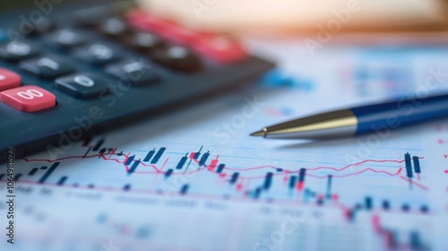 Business concept with charts graphs and macro shot stock chart with calculator and pen blur shot