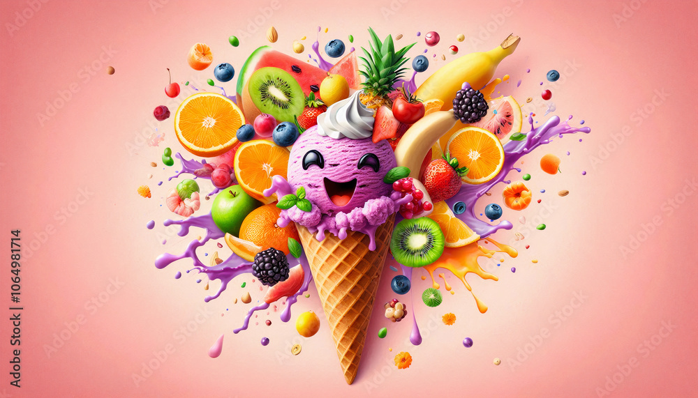Fototapeta premium Colorful fruits surround a smiling ice cream cone, symbolizing a fruity, joyful summer treat