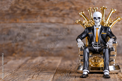  macabre business concept with suited skeleton on wealth throne