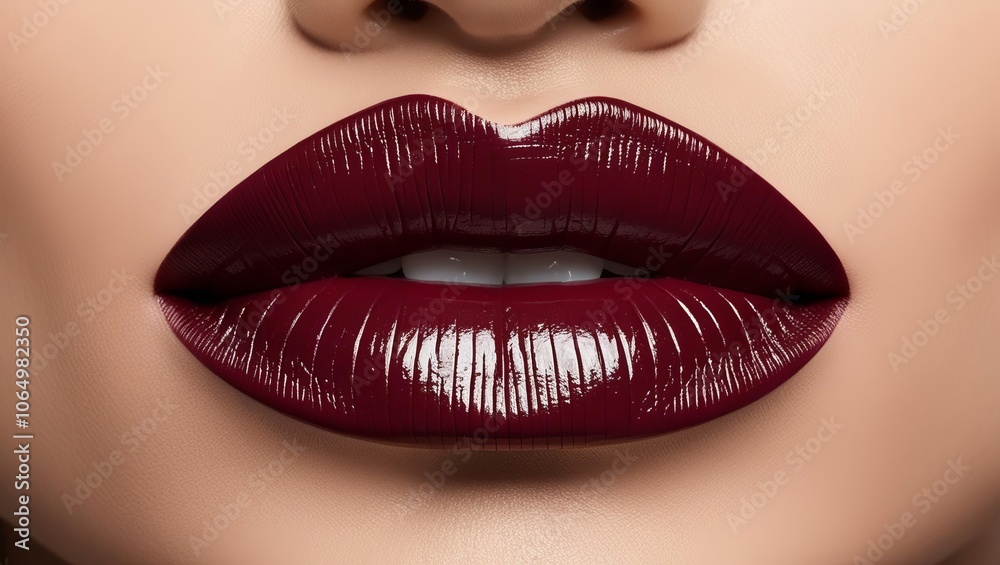 Obraz premium Close-up of glossy burgundy lips with perfect shine and smooth texture, capturing luxury and sophistication in beauty
