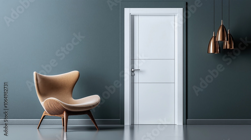 Minimalist interior with modern armchair, white door, and copper pendant lights on a dark blue wall photo