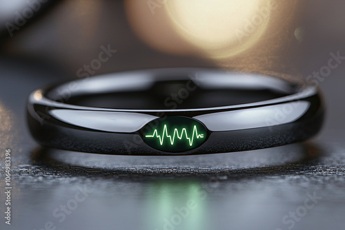 obsidian smart ring emanating lime green health metrics, tech-noir  photo