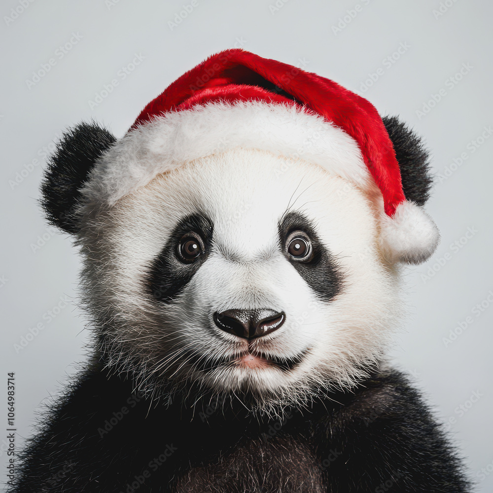 Fototapeta premium Christmas Panda with Santa Hat on White Background