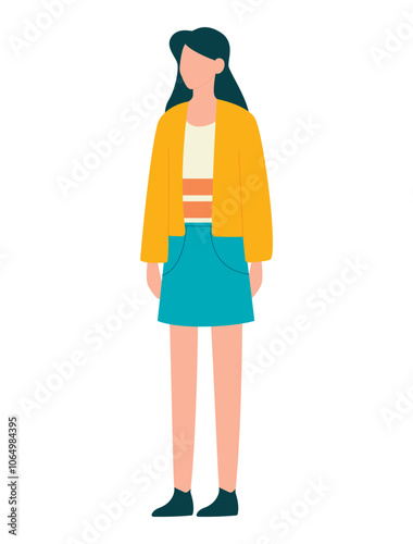 Young woman in striped t-shirt, orange jacket and blue short skirt isolated on white background
