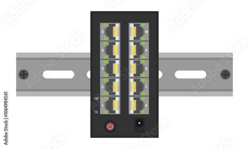 Industrial ethernet switch with 10 ports mounted on a DIN rail. Vector illustration in flat style