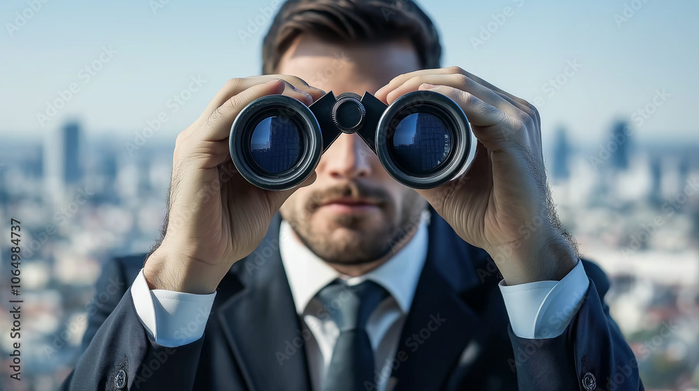 Businessman using binoculars to look out over city. Businessman using binoculars to look out over city.