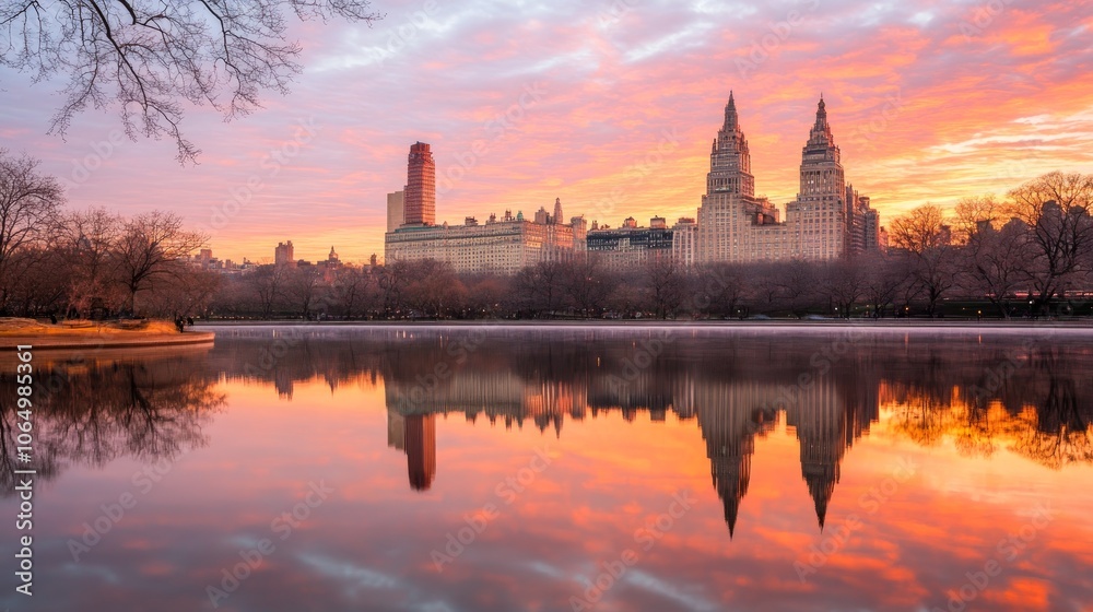 Fototapeta premium A scenic view of the Manhattan skyline reflected in a calm lake at sunrise.