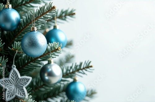 Beautiful green New Year's tree, branches covered with frost with blue and silver New Year's toys on a white background