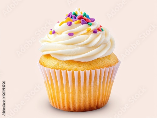 A single vanilla cupcake with thick, swirled buttercream frosting stands against a colorful backdrop, emphasizing its creamy texture and inviting appearance.