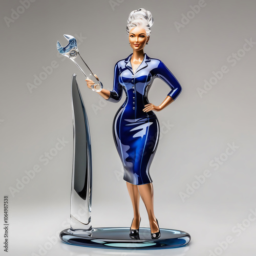 Dynamic Glass Sculpture of a Female Automotive Engineer in a Stylish Work Suit, Emphasizing Expertise and Passion for Vehicles , generative ai photo