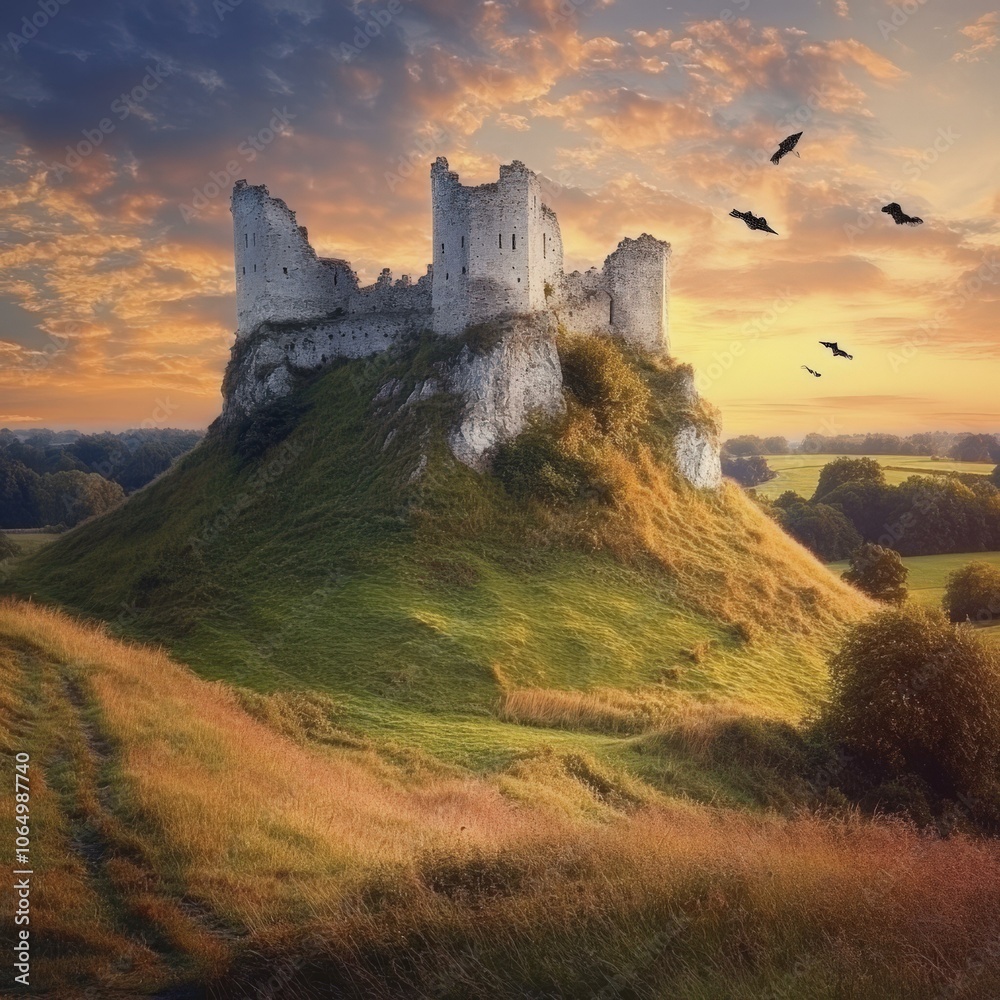 Fototapeta premium Ruined Castle on a Hilltop at Sunset