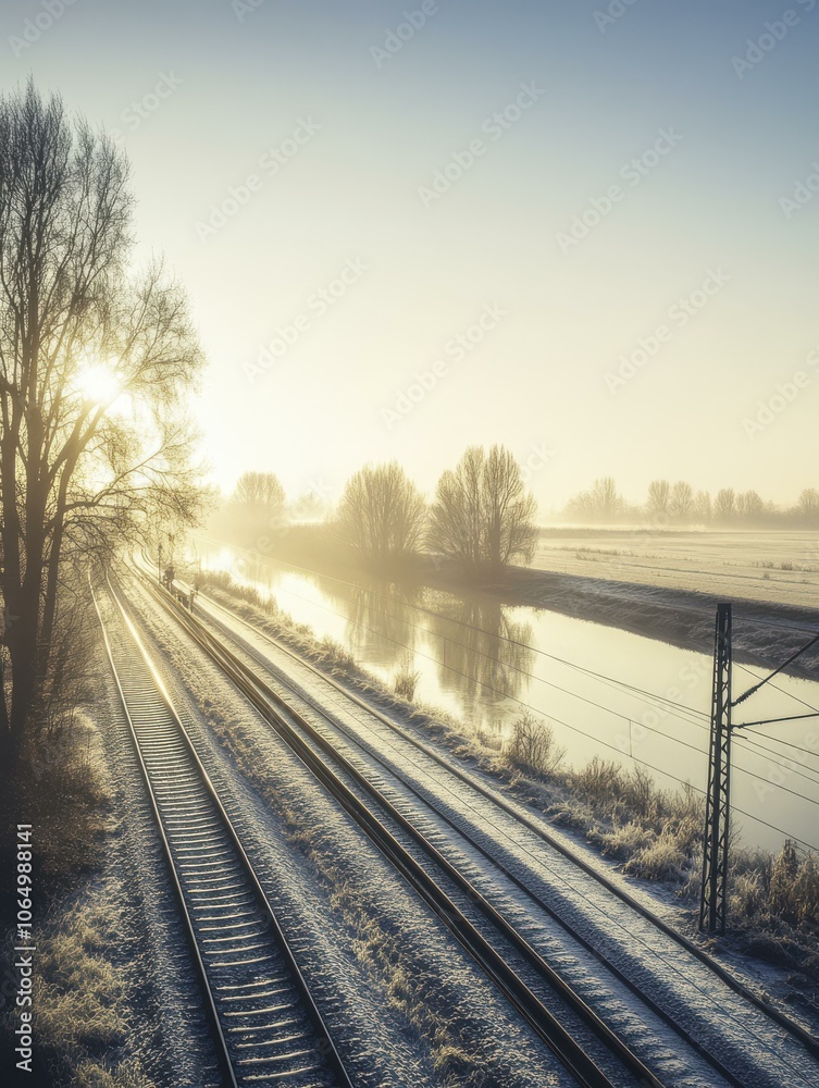 Fototapeta premium Winter Sunrise Over Railway Tracks and Frozen River