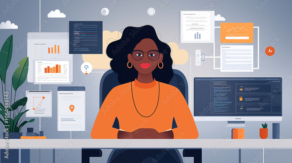 Obraz premium A cloud infrastructure architect coordinates a major platform migration, surrounded by system diagrams and progress metrics in a vibrant tech office atmosphere