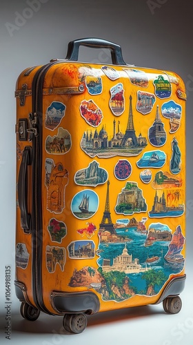 travel suitcase covered in colorful stickers showcasing various destinations and themes the design encourages a sense of adventure and exploration set against a white background photo