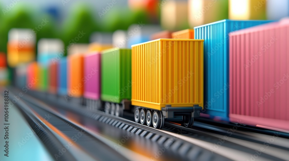 Fototapeta premium Colorful shipping containers on a train track symbolize global trade and logistics, AI