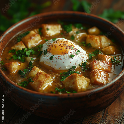 Portuguese Açorda Soup with Soft Poached Egg and Fresh Herbs photo