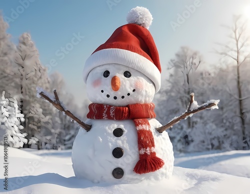 A cheerful snowman in red hat and scarf stands against backdrop of snow-covered mountains in winter photo