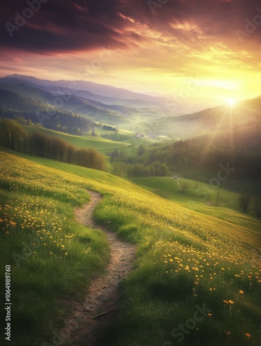 Stunning Sunset Landscape with Winding Path Through Green Meadow