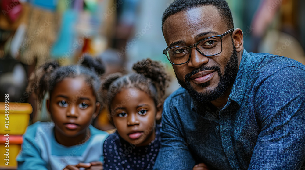 A Father Enjoys Quality Time With His Two Young Daughters While Playing Together in an Indoor Play Area A Father Enjoys Quality Time With His Two Young Daughters While Playing Together in an Indoor Play Area