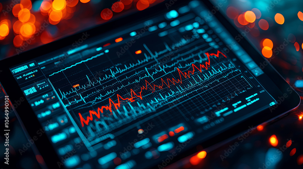 Advanced Analytical Data Displayed on a Tablet Device Amid a Blurred Background of Glowing Lights at Night Advanced Analytical Data Displayed on a Tablet Device Amid a Blurred Background of Glowing Lights at Night