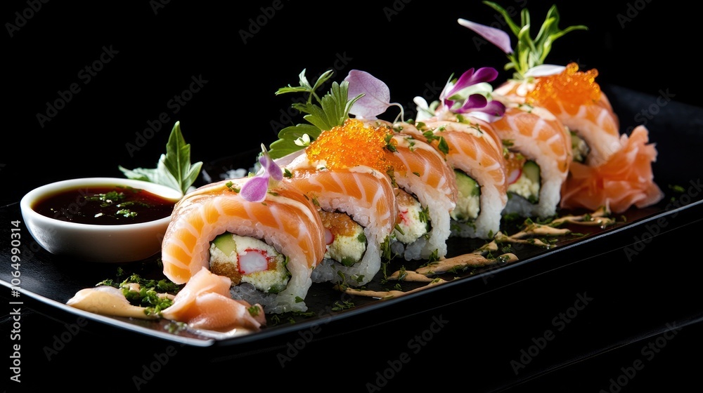 Fresh Sushi Rolls with Salmon and Crab Displayed Elegantly Fresh Sushi Rolls with Salmon and Crab Displayed Elegantly