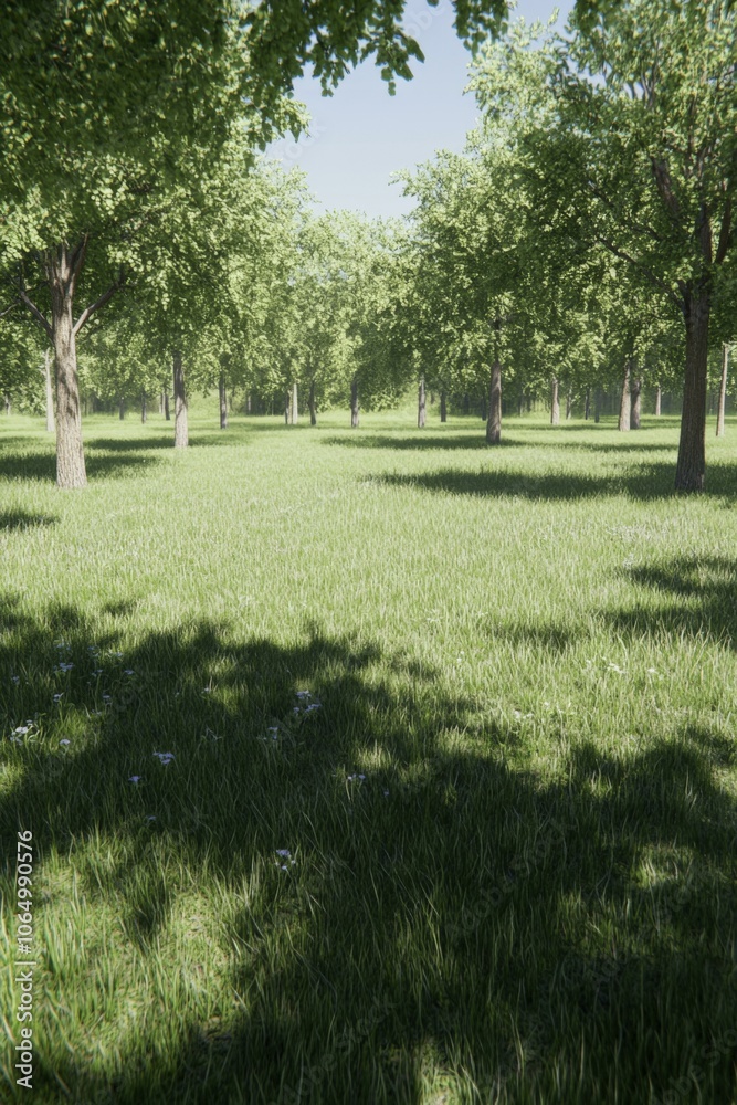 Obraz premium Tranquil Green Meadow with Sunlight Dappled Trees