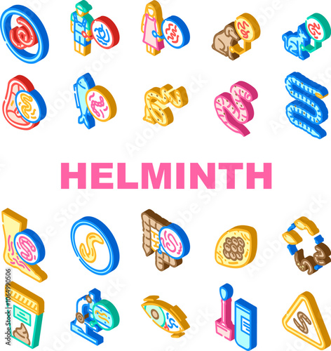 helminth worm parasite nematode icons set vector. tapeworm roundworm, flatworm hookworm, whipworm fluke, cestode, trematode helminth worm parasite nematode isometric sign illustrations