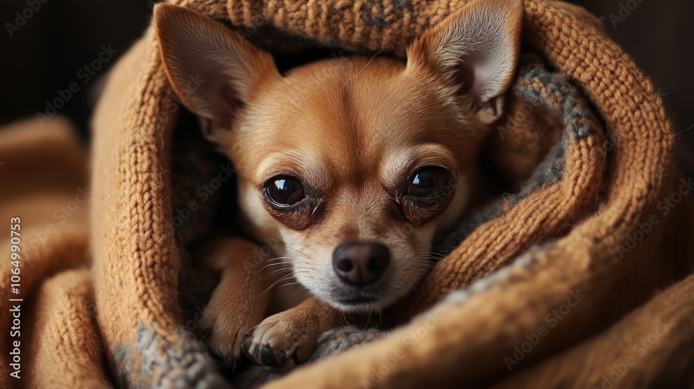 A small brown chihuahua dog is nestled in a brown knitted blanket. It has big brown eyes and is looking at the camera. The dog is looking sleepy and comfortable. A small brown chihuahua dog is nestled in a brown knitted blanket. It has big brown eyes and is looking at the camera. The dog is looking sleepy and comfortable.