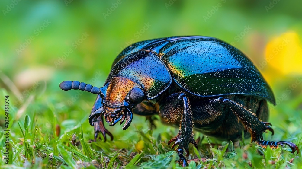 A vivid close-up of a shiny, iridescent beetle perched on lush green grass, showcasing its colorful body and intricate details. A vivid close-up of a shiny, iridescent beetle perched on lush green grass, showcasing its colorful body and intricate details.