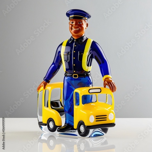 Glass sculpture of a professional bus driver in a vibrant uniform, showcasing attentiveness and responsibility in public transportation, generative ai photo