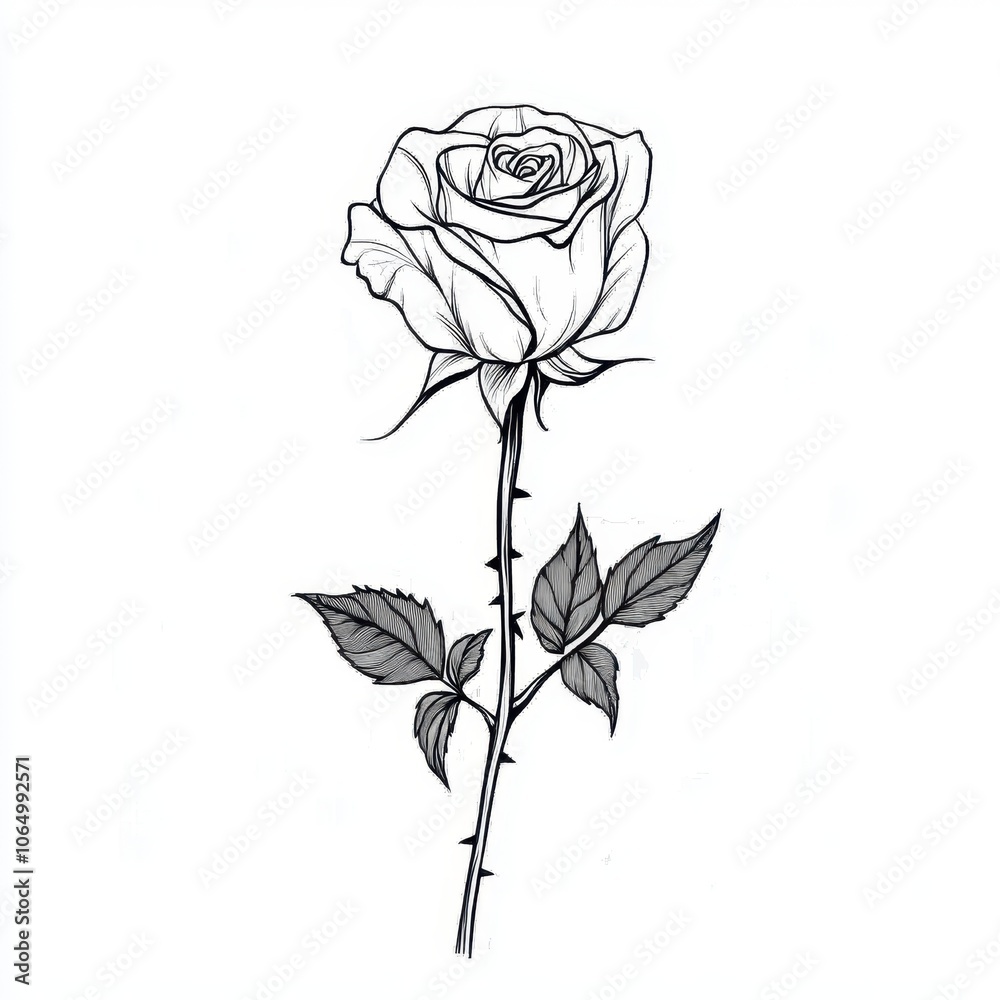 Simple Line Art of a Rose with Bold Petals and Thorny Stem, Isolated Against White Background