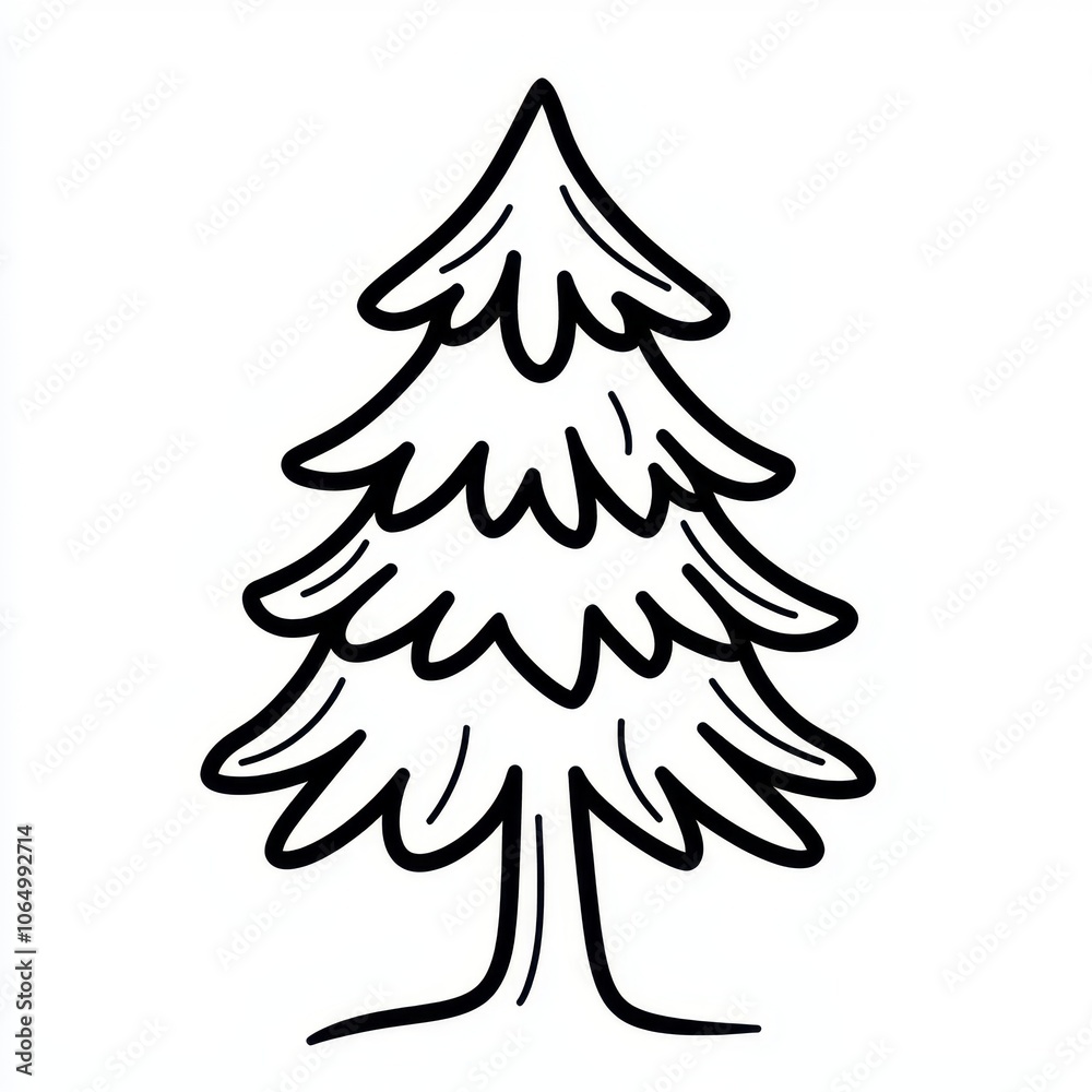Obraz premium Minimalist line art illustration of a pine tree with a single trunk, featuring layered branches, isolated on a white background.