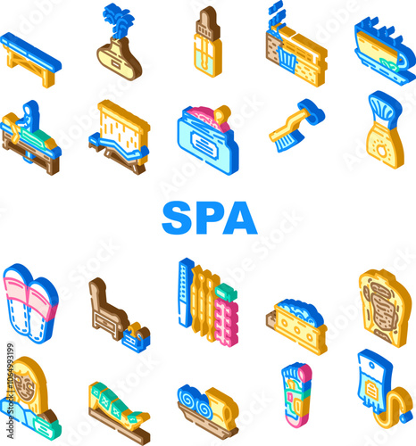 spa therapy relaxation massage icons set vector. wellness rejuvenation, detoxification aromatherapy, hydrotherapy, skincare spa therapy relaxation massage isometric sign illustrations