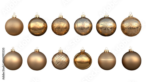 A collection of gold Christmas balls arranged neatly on a transparent background.