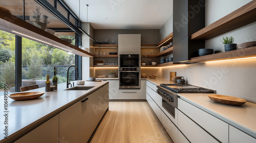 Modern kitchen interior with sleek cabinetry, large windows, and wooden shelves displaying pottery and plants, featuring built-in appliances and minimalist design. photo