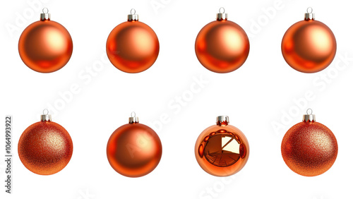 A collection of modern orange Christmas balls arranged neatly on a transparent background png.