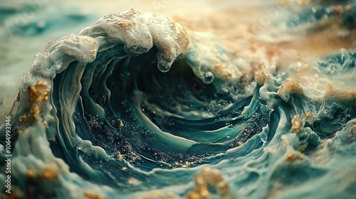 Close-Up of a Whirlpooling Ocean Wave with Golden Sheen photo