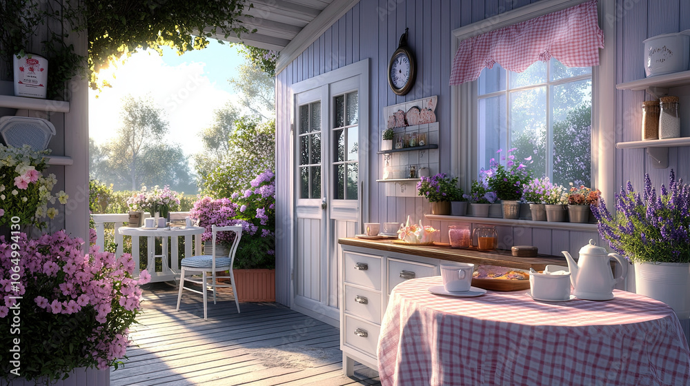 Fototapeta premium charming vintage cottage garden with cozy balcony filled with flowers, sunlight streaming through window, and delightful table setting