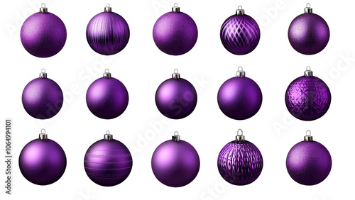 A collection of modern purple Christmas balls arranged neatly on a transparent background png.