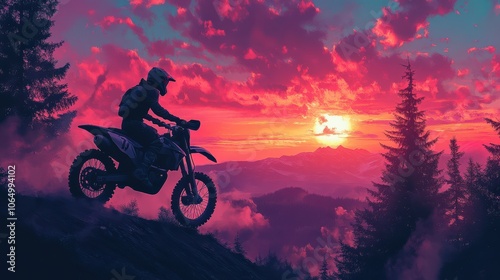 silhouette of a motocross racer against a vibrant sunset.