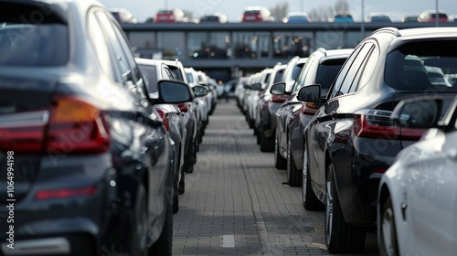 Wallpaper Mural A perspective view of multiple rows of parked cars with an overpass filled with more vehicles in the background. Urban setting, daytime. Ideal for themed on transportation or urban life. Torontodigital.ca