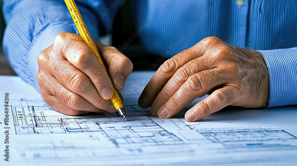 person examining blueprints and making notes with pen, showcasing ...
