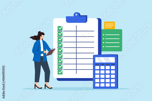 Flat illustration of female professional accountant hold clipboard complete item on business checklist spreadsheet with calculator